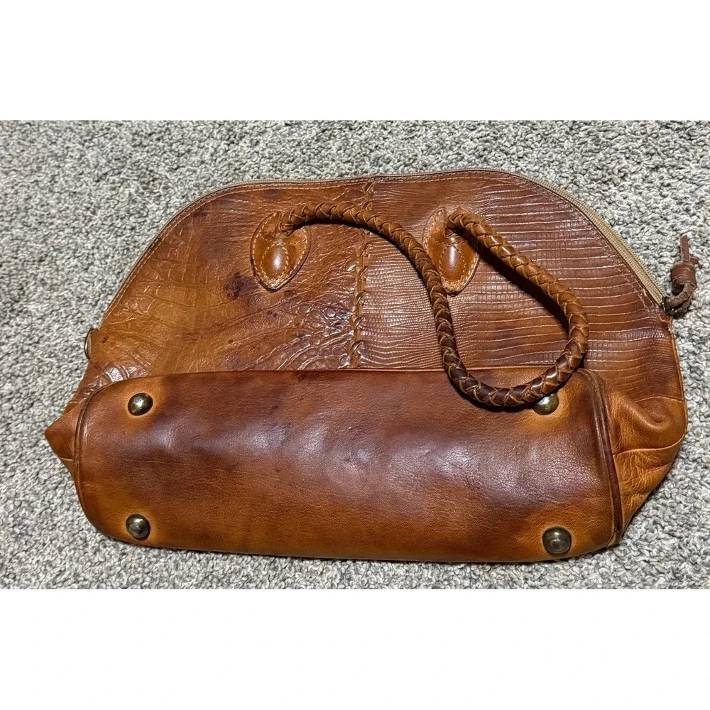 Vintage Fossil Brown Genuine Leather Croc Embossed Dome Handbag Braided Handles